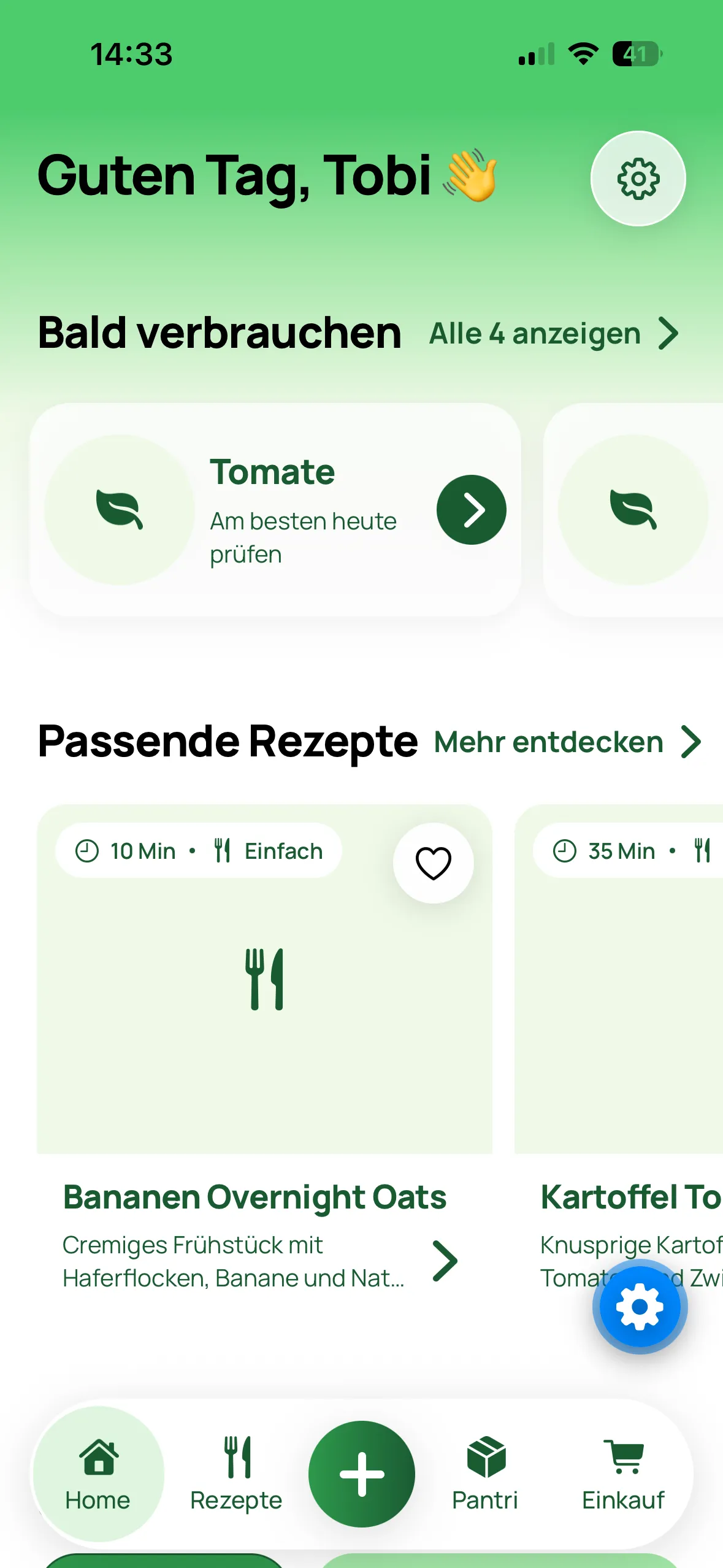 Entwicklungsstand der PantriPanda-Startseite mit Vorratshinweisen und Rezeptideen