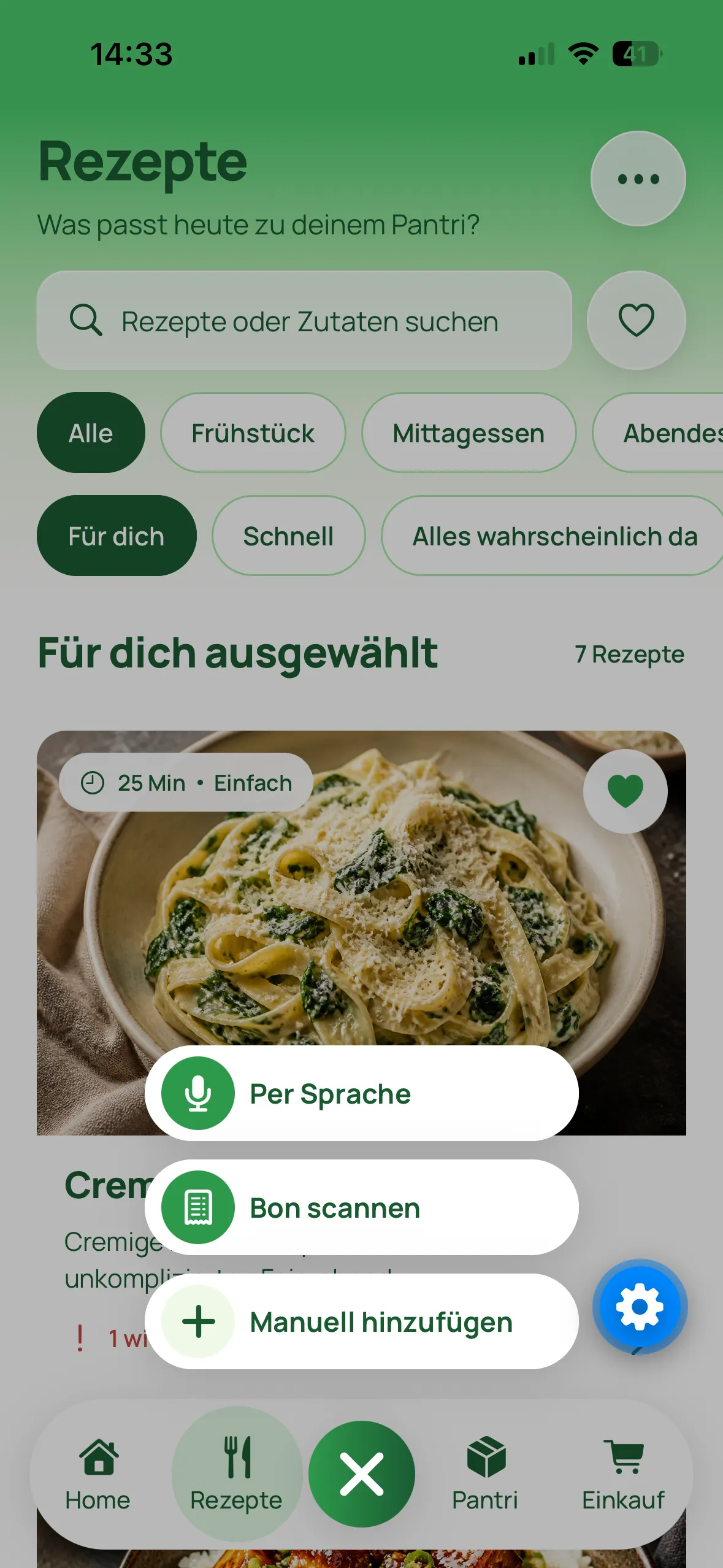 Entwicklungsstand der PantriPanda-App mit geöffneten Optionen zum Hinzufügen