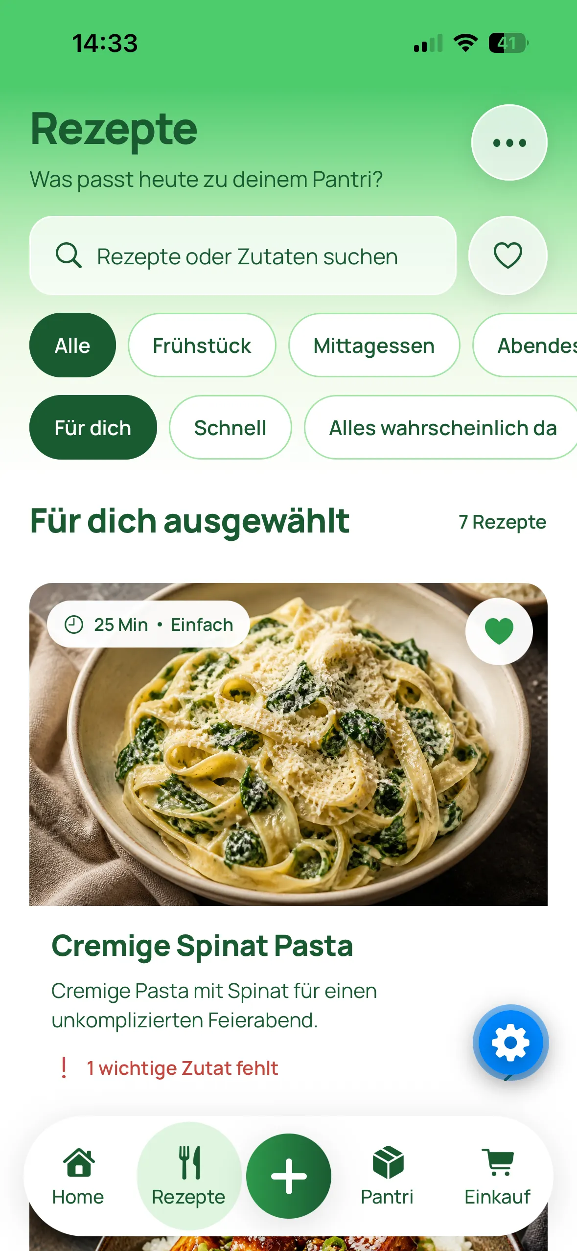 Entwicklungsstand der Rezeptübersicht in PantriPanda